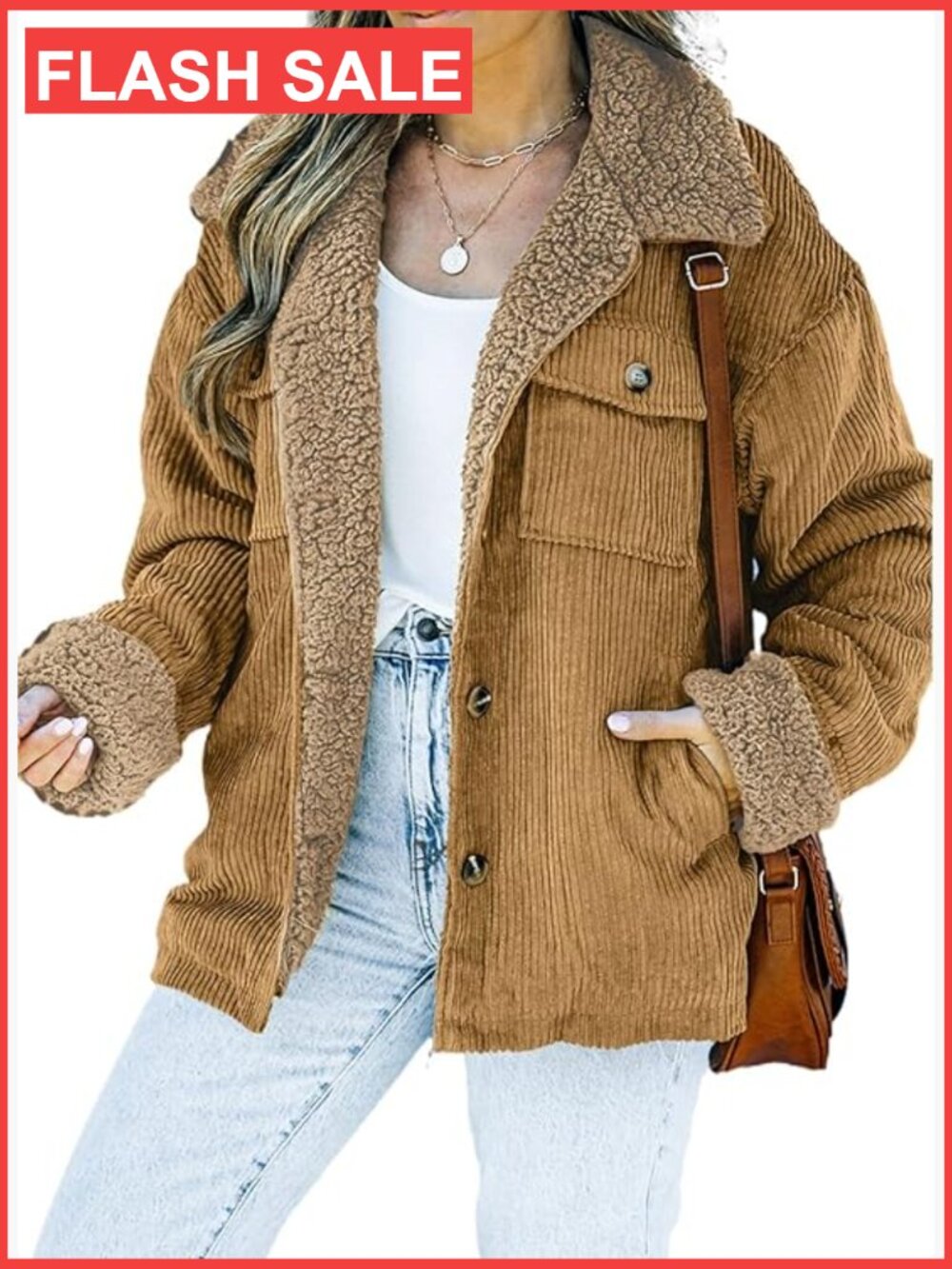 Corduroy Sherpa Jacket Button Down Fleece Lined Winter Warm Coat